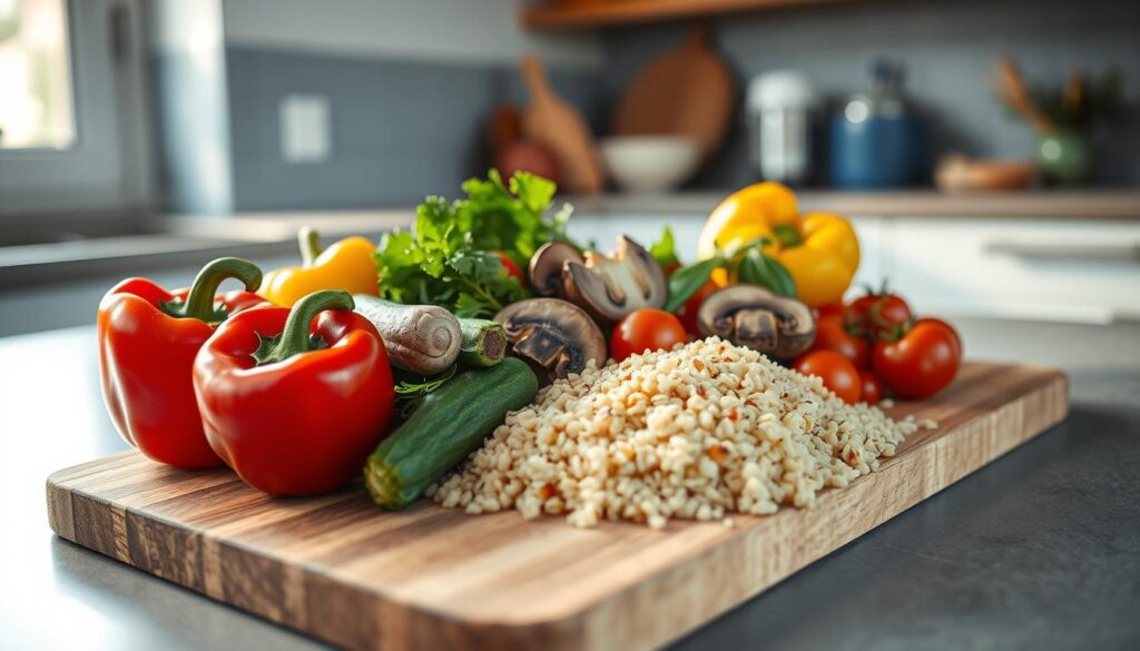 A delightful assortment of fiber-rich veggies and fluffy quinoa, artfully arranged on a sleek wooden cutting board. The medley includes vibrant bell peppers, crisp zucchini, earthy mushrooms, and glistening cherry tomatoes. Soft natural light filters through the kitchen's minimal, blue-accented decor, casting a warm, inviting glow. The composition is balanced and visually appealing, capturing the essence of a nourishing, well-portioned meal prep.