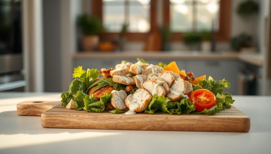 A delightful assortment of fresh greens, juicy chicken, crunchy vegetables, and a creamy dressing, artfully arranged on a wooden cutting board in the center of a cozy, minimalist kitchen. Soft natural lighting filters through the windows, casting a warm glow on the vibrant colors. The scene exudes a sense of simplicity and nourishment, perfect for a quick, satisfying meal on a busy night.
