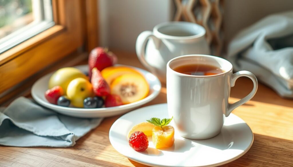 A delightful assortment of fresh, seasonal fruits artfully arranged on a crisp white plate, accompanied by a steaming cup of rich, aromatic tea nestled in a minimalist ceramic mug. The natural light filters in through a nearby window, casting a warm, gentle glow across the scene. The wooden surfaces and light blue accents create a calming, inviting atmosphere, free from any distractions or guilt. This simple, nourishing morning meal exudes a sense of mindfulness and balance, perfectly capturing the essence of a guilt-free start to the day.
