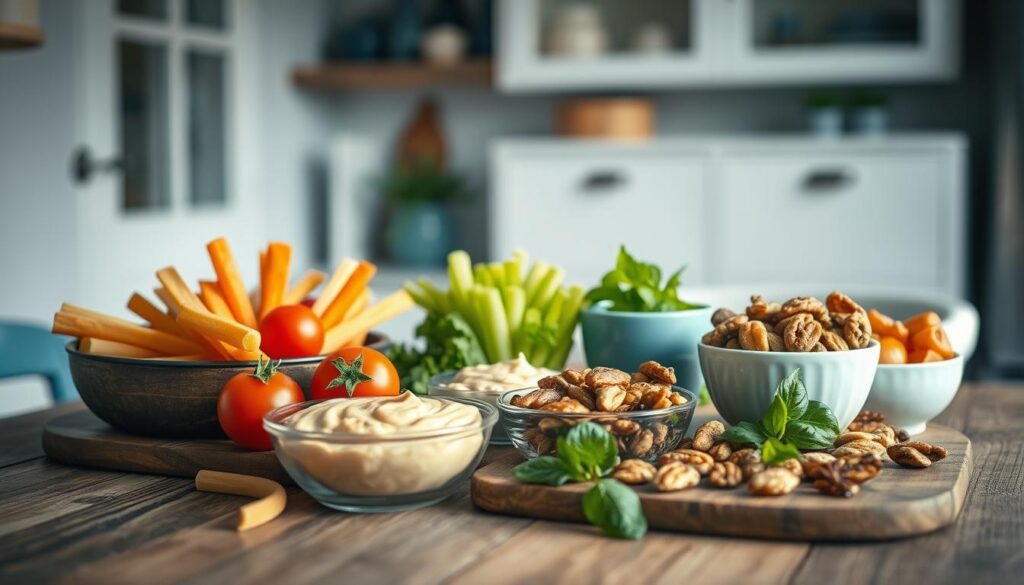 A delightful assortment of fresh, vibrant snacks and sides arranged on a rustic wooden table in a cozy, minimalist kitchen. Crunchy vegetable sticks, creamy hummus, juicy grape tomatoes, and flavorful roasted nuts beckon the eye, bathed in soft, natural lighting that highlights their textures and colors. Subtle blue accents add a calming touch to the scene, creating an inviting and nourishing atmosphere perfect for a satisfying office meal.