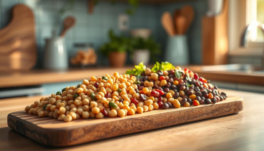 A delightful assortment of vibrant legumes, including lentils, chickpeas, and kidney beans, arranged artfully on a rustic wooden board. The scene is bathed in warm, natural light, casting a cozy glow over the kitchen counter, adorned with light blue accents. The legumes are presented in an inviting manner, hinting at the nourishing and satisfying nature of a plant-based cold lunch. The overall atmosphere is one of simplicity, health, and a celebration of the humble yet versatile legume.