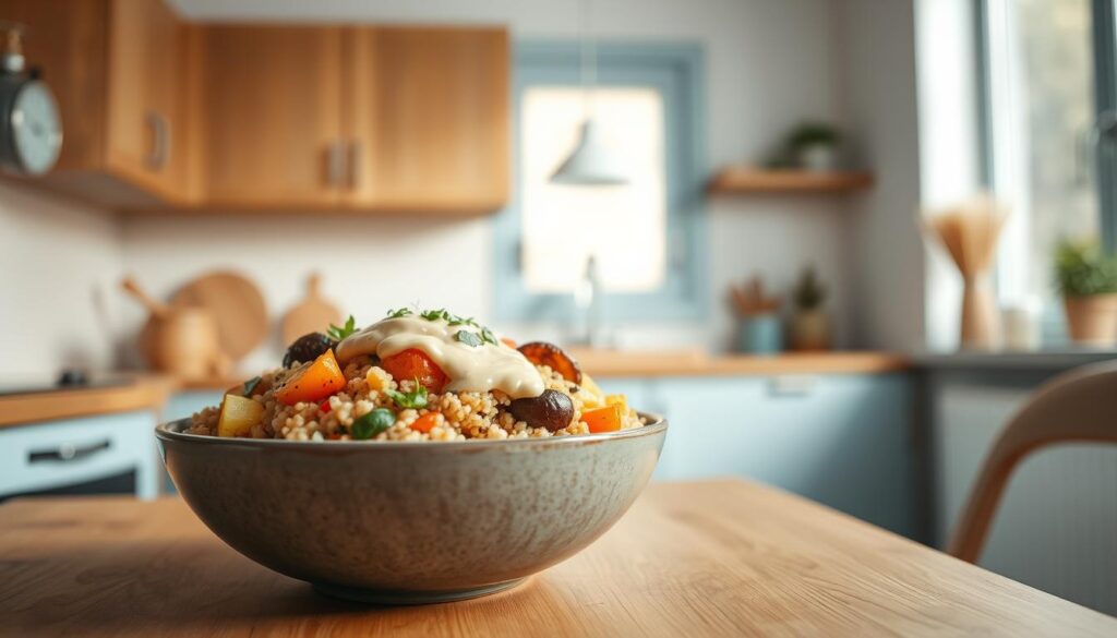 A delightful grain bowl filled with a vibrant medley of quinoa, roasted vegetables, and a drizzle of tahini dressing, set against the backdrop of a cozy, minimal kitchen. The warm, natural tones of the wooden countertops and cabinets create a calming ambiance, while the light blue accents provide a subtle pop of color. The scene is illuminated by soft, diffused lighting, capturing the dish's textures and flavors in a visually appealing way. The grain bowl is the star of the frame, inviting the viewer to savor its nourishing goodness.