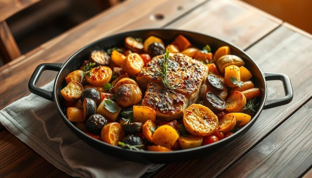 A delightful one-pan dinner presented on a rustic wooden table, with a variety of roasted vegetables, protein of choice, and garnishes arranged in an eye-catching, visually appealing manner. Warm, soft lighting casts a gentle glow, highlighting the textures and colors of the dish. The composition is balanced, with elements positioned thoughtfully to create a sense of harmony. Minimal, natural accents such as fresh herbs or a sprinkling of seeds add a touch of elegance. The overall atmosphere is cozy, inviting, and showcases the creativity and simplicity of a well-executed one-pan meal.