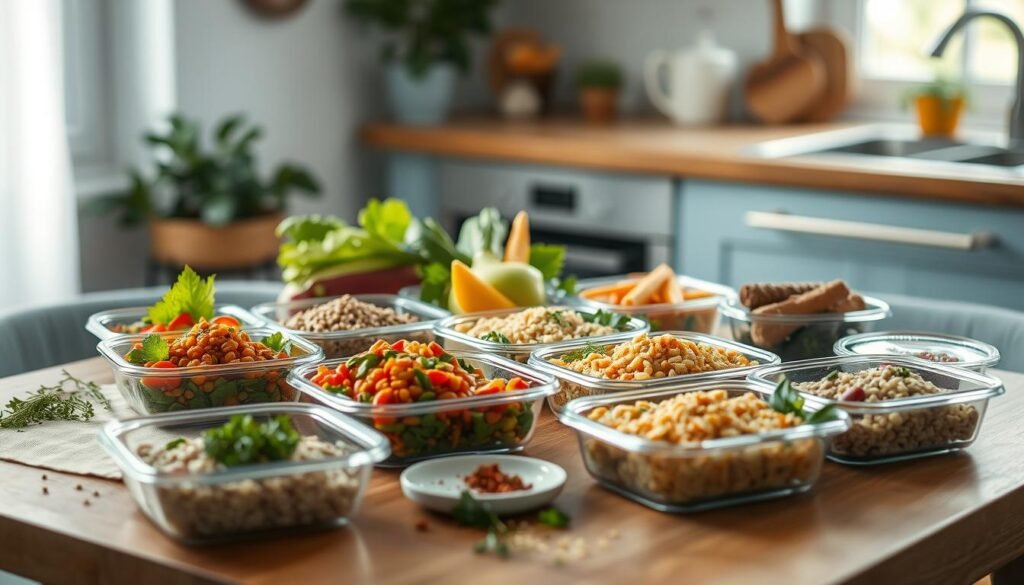 A delightful plant-based protein meal prep scene in a cozy, minimal kitchen. On a wooden table, a variety of vibrant vegetables, lentils, and whole grains are neatly arranged in meal-sized containers. Soft blue accents and natural light create a calming ambiance. Fresh herbs and spices add pops of color and aroma. The layout is visually appealing, inviting the viewer to savor a satisfying, nutritious vegetarian or vegan lunch. The scene exudes a sense of organization and mindful meal planning, perfectly capturing the 