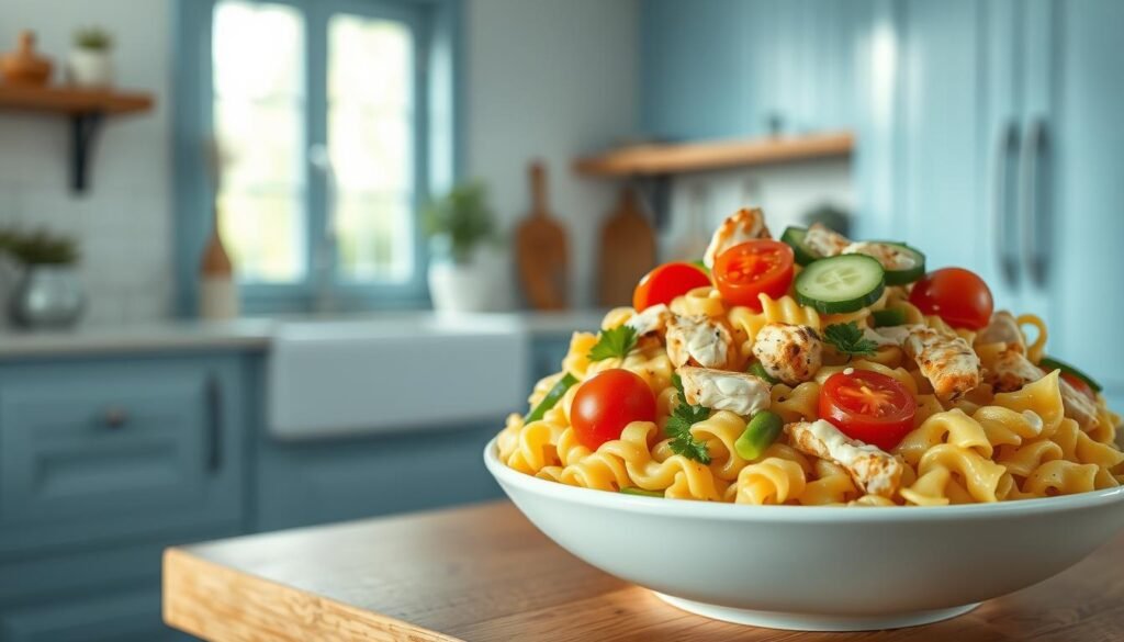 A delightful protein-packed pasta salad nestled in a cozy, minimal kitchen with light blue accents and wooden textures. Vibrant fusilli noodles are tossed with juicy grilled chicken, crisp cucumber slices, cherry tomatoes, and a tantalizing creamy Italian dressing. The salad is arranged with care, the ingredients perfectly balanced and visible. Soft, natural lighting from a large window casts a warm glow, highlighting the fresh, healthful ingredients. The overall mood is one of simplicity, comfort, and nourishment, inviting the viewer to savor every bite of this protein-packed delight.