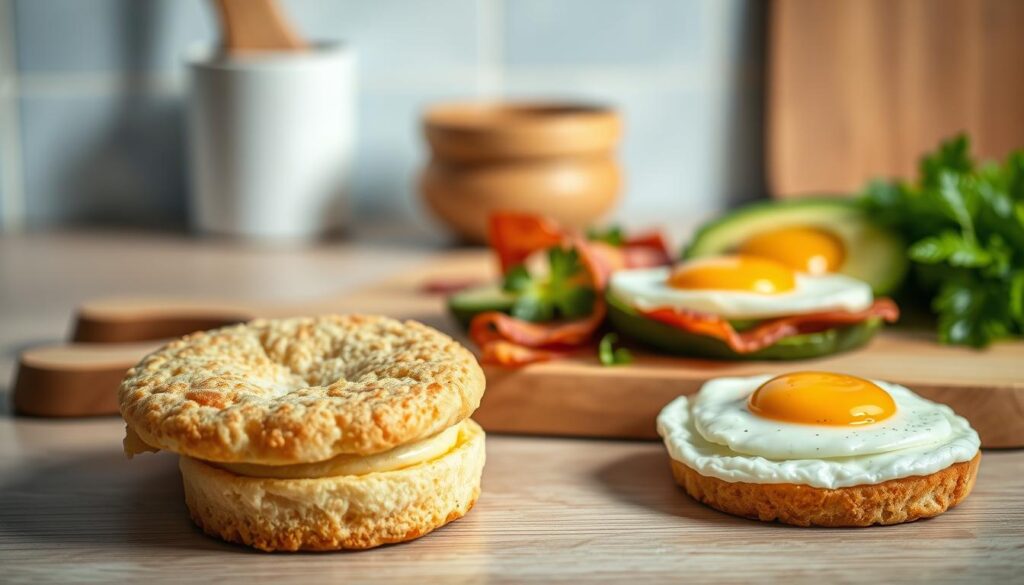 A delightful scene of an English muffin breakfast prep unfolding in a cozy, minimal kitchen. In the foreground, a pair of freshly toasted muffins, their golden-brown crumb glistening, await their culinary destiny. Beside them, an array of gourmet ingredients - crisp bacon, creamy avocado slices, and a perfectly cooked egg with a vibrant yolk - are neatly arranged, ready to be assembled into a mouthwatering breakfast sandwich. The middle ground features a sleek, wooden cutting board and a serene, light blue-accented backdrop, creating a harmonious, natural ambiance. Soft, directional lighting illuminates the scene, casting gentle shadows and highlighting the textures of the ingredients. The overall mood is one of effortless elegance and the promise of a delicious, nourishing start to the day.