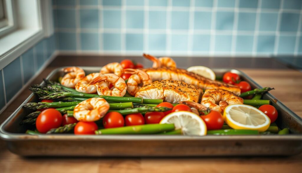 A delightful sheet pan brimming with sizzling shrimp and tender salmon fillets, arranged artfully atop a bed of vibrant vegetables - crisp asparagus, juicy cherry tomatoes, and fragrant lemon wedges. The scene is bathed in soft, natural lighting, accentuating the warm wooden textures of the kitchen countertop and the subtle blue hues of the backsplash. This harmonious composition captures the essence of a nourishing, effortless sheet pan dinner, ready to be enjoyed in a cozy, minimalist space.