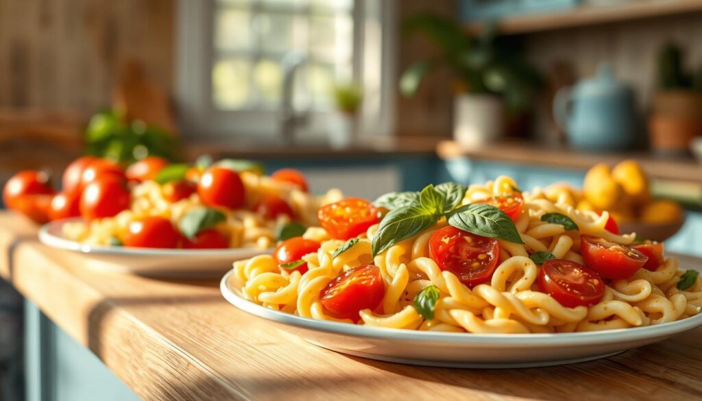 A delightful spread of freshly prepared pasta salad, its vibrant colors and textures beckoning. Fusilli noodles tossed with juicy cherry tomatoes, crisp bell peppers, and slivers of fragrant basil. A light, tangy vinaigrette coats each bite, the flavors mingling in perfect harmony. The scene unfolds in a cozy, minimal kitchen, the wooden surfaces and light blue accents creating a serene, inviting atmosphere. Rays of warm, natural light illuminate the scene, casting a gentle glow on the salad's enticing presentation. The image captures the essence of a nourishing, no-reheat meal, ready to inspire and delight.