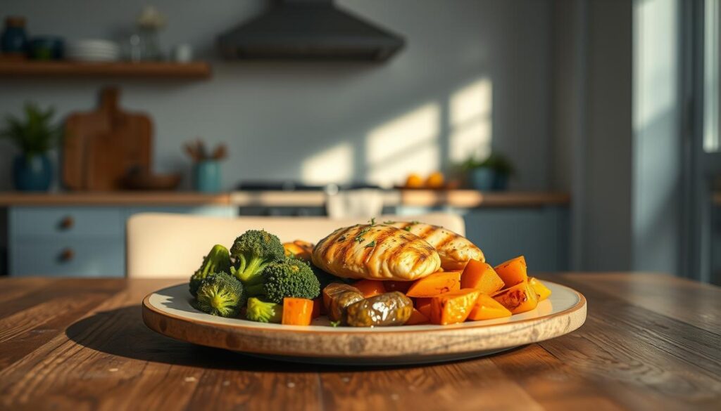 A delightful spread of grilled chicken, sautéed broccoli, and roasted sweet potatoes sits atop a rustic wooden table in a cozy, minimal kitchen. The lighting is soft and warm, casting a gentle glow on the vibrant colors of the meal. Subtle blue accents in the room's decor complement the earthy tones of the food. The scene conveys a sense of balance, nourishment, and efficiency - the perfect meal prep for an energized, productive afternoon.