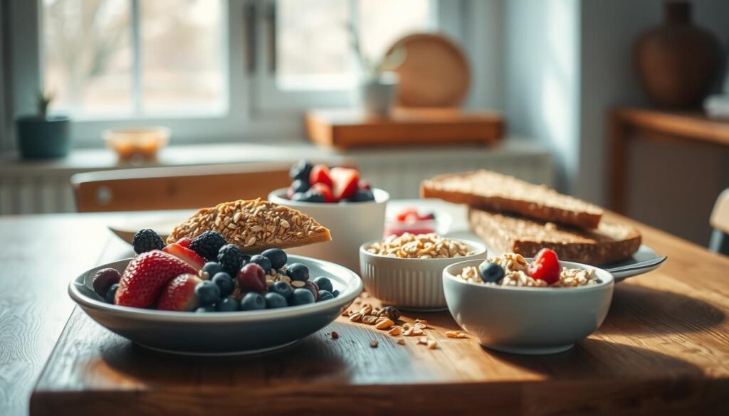 A delightful spread of whole grains and fiber-rich foods artfully arranged on a wooden table in a cozy, minimal kitchen. Plump oats, crunchy granola, hearty whole wheat toast, and vibrant berries bathed in natural light from a large window. Warm earthy tones and light blue accents create a soothing, inviting atmosphere. The scene exudes a sense of balance, nourishment, and morning energy, perfectly capturing the essence of a healthy, fiber-rich breakfast.