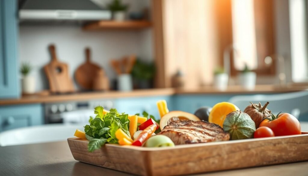 A delightful still life composition depicting a balanced lunch fit for a growing teen. In the foreground, an array of colorful ingredients - crisp vegetables, juicy fruit, and a hearty protein source. The midground showcases a wooden tray holding the carefully assembled meal, the plate's contents arranged with visually appealing symmetry. In the background, the cozy kitchen setting features light blue accents and natural wood textures, creating a warm, inviting atmosphere. Soft, diffused lighting casts a gentle glow, highlighting the nutritious meal's vibrant hues and appealing presentation.