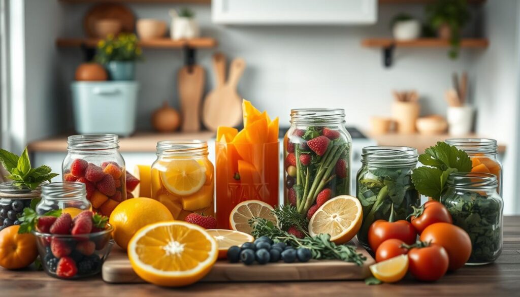 A delightful summer meal prep display set against a cozy, minimal kitchen backdrop. In the foreground, an array of colorful glass jars and containers brimming with fresh, seasonal ingredients - vibrant berries, crisp vegetables, and zesty citrus. The middle ground features a wooden cutting board with sliced fruits and herbs, hinting at the flavorful dishes to come. Soft, natural lighting filters through the kitchen's light blue accents, creating a soothing, inviting atmosphere. Textures of wood and muted tones lend an organic, artisanal feel, evoking the essence of summer's abundant flavors.