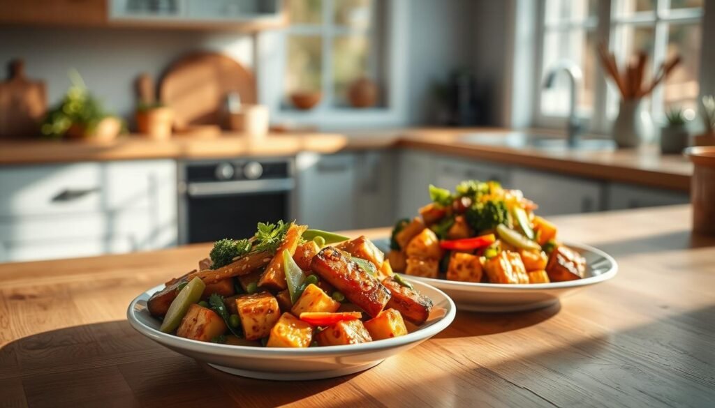A delightful tofu stir-fry meal prep arranged on white ceramic dishes in a cozy, minimalist kitchen. The tofu is seared to a golden crisp, tossed with vibrant vegetables like broccoli, carrots, and snow peas in a glistening sauce. Aromatic herbs and toasted sesame seeds garnish the dish, adding pops of color and texture. Soft, natural lighting from large windows bathes the scene in a warm, inviting glow, casting gentle shadows that accentuate the meal's aesthetic appeal. The wooden countertops and light blue accents create a soothing, serene atmosphere, perfect for a nourishing, plant-based dinner.