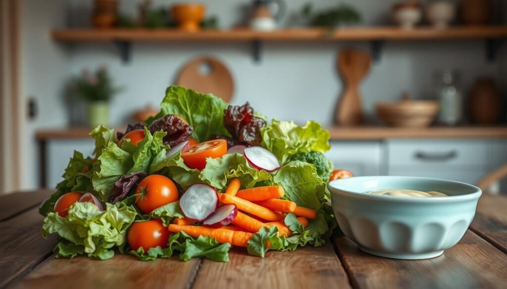 A delightful, visually enticing arrangement of fresh, vibrant salad ingredients presented on a rustic wooden table in a cozy, minimalist kitchen. An array of colorful vegetables, such as crisp lettuce, juicy tomatoes, crunchy carrots, and zesty radishes, are beautifully assembled, complemented by a light blue ceramic bowl filled with a creamy, flavorful dressing. The natural wooden textures and soft lighting create a warm, inviting atmosphere, inspiring the viewer to explore these creative salad recipes for a refreshing and satisfying cold lunch.