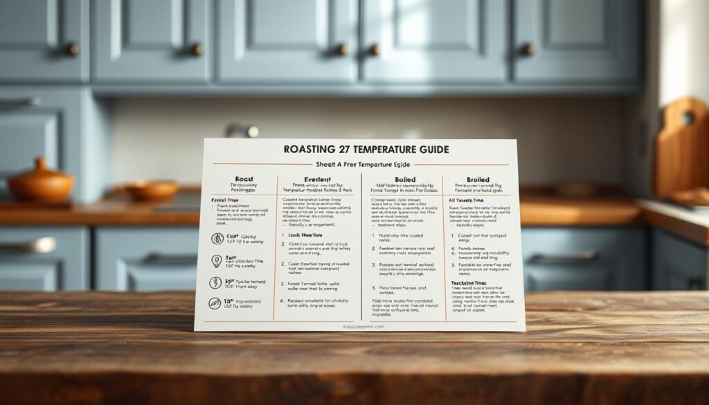 A detailed and visually appealing roasting and broiling guide, presented on a rustic wooden surface against a backdrop of light blue cabinetry. The guide features neatly organized icons and text, conveying essential temperature ranges, cooking times, and tips for achieving perfectly roasted and broiled results. Soft, directional lighting casts a warm glow, lending an inviting, instructional atmosphere to the scene. The overall composition is clean, balanced, and designed to seamlessly integrate into the 