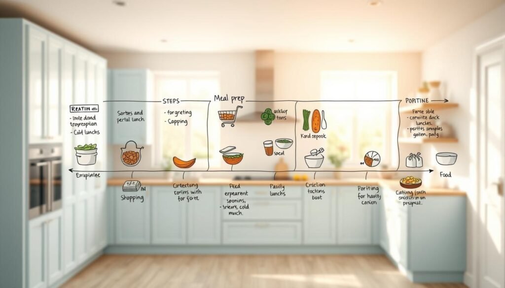 A detailed, hand-drawn roadmap depicting the steps of a comprehensive meal prep process. The foreground shows various color-coded stages such as recipe planning, grocery shopping, food preparation, and portioning. The middle ground features a clean, minimalist kitchen with light blue cabinets, wooden countertops, and natural lighting streaming in from large windows. The background evokes a sense of calm and organization, with subtle textures and a muted color palette. The overall mood is one of efficiency, mindfulness, and a well-thought-out approach to assembling delicious, nourishing cold lunches.