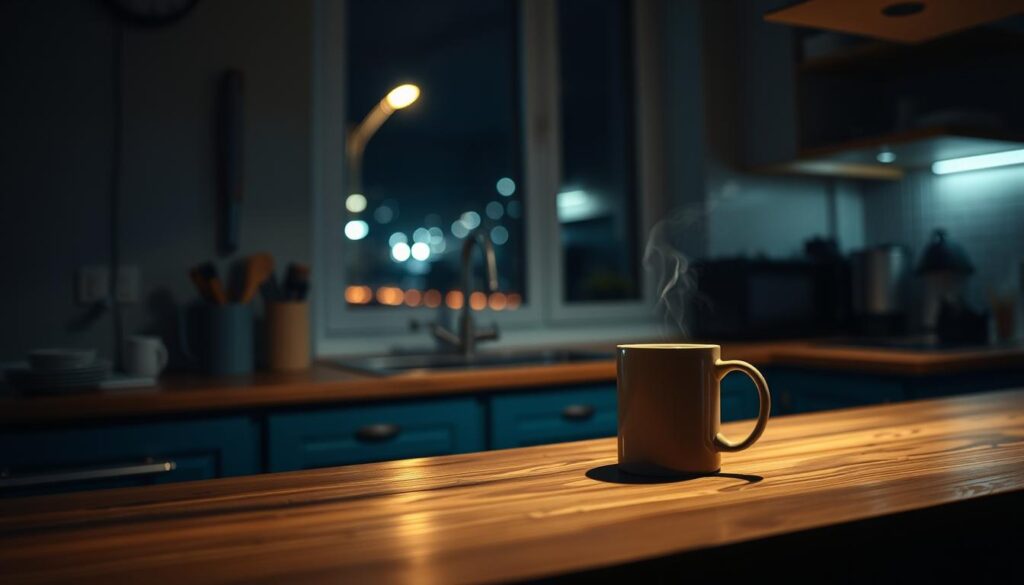 A dimly lit kitchen at night, the soft glow of task lighting casting a warm hue over the room. Countertops made of weathered wood, accented with subtle blue tones. A steaming mug of coffee sits on the surface, a reminder of the unique circadian rhythm of the night shift worker. Through the window, the inky blackness of the night sky is visible, broken only by the occasional passing car. The atmosphere is one of quiet contemplation, a moment of respite amidst the demands of the graveyard shift. The mood is introspective, reflecting the challenges and adaptations required to thrive in this unconventional work schedule.