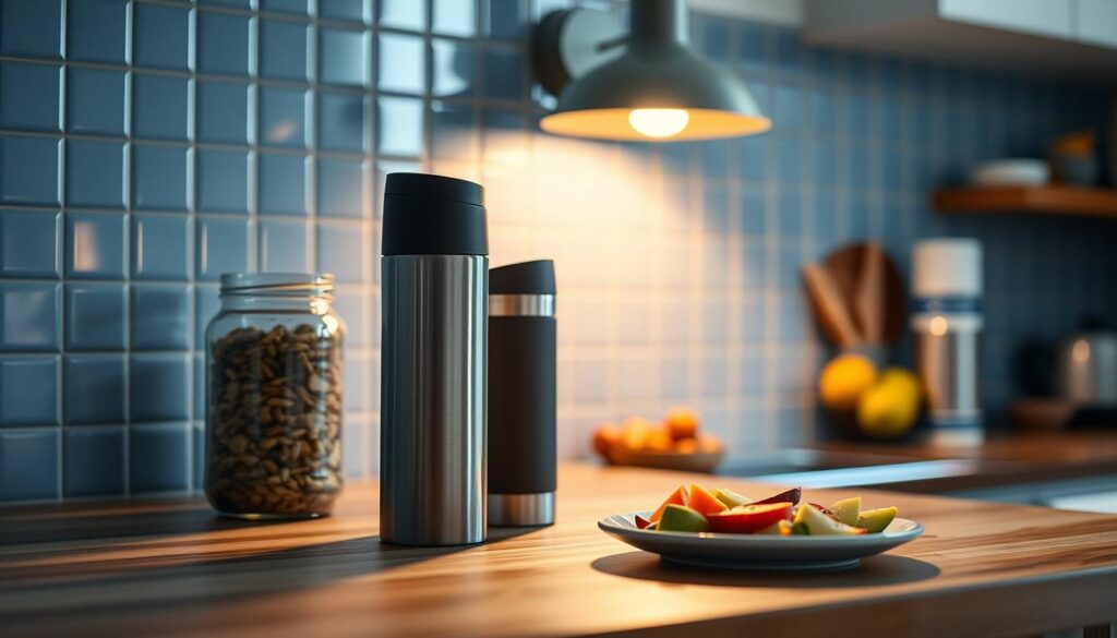 A dimly lit kitchen counter, bathed in the warm glow of a single pendant light. Atop the wooden surface, an assortment of night shift snacks - a jar of trail mix, a thermos of herbal tea, and a small plate of sliced fruits and vegetables. The soft blue tones of the backsplash create a soothing, calming atmosphere, perfect for a moment of respite during the long hours of the graveyard shift. The scene captures the simple pleasures of fueling the body and mind, sustaining energy through the night.
