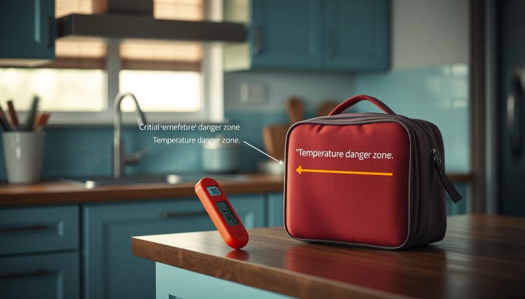 A dimly lit kitchen with wooden countertops and light blue accents. On the counter, a food thermometer sits next to a lunchbox, highlighting the critical 