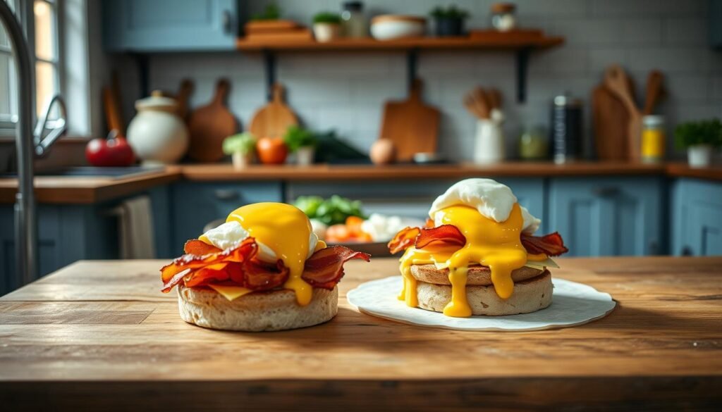 A dimly lit, rustic kitchen with wooden countertops and light blue accents. In the foreground, a step-by-step progression of breakfast sandwich assembly: freshly toasted English muffins, crisp bacon, perfectly cooked eggs, melted cheddar cheese, and a drizzle of hollandaise sauce, all meticulously arranged. The middle ground features neatly chopped vegetables, herbs, and condiments, while the background showcases a clean, minimalist workspace. Warm, soft lighting casts a cozy, inviting atmosphere, guiding the viewer through the recipe preparation. The camera angle is slightly elevated, capturing the process in an organized, instructional manner, without any distracting human presence.