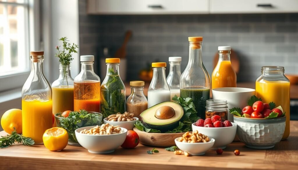 A diverse array of flavorful homemade dressings and mix-ins are artfully displayed on a wood grain countertop in a cozy, minimalist kitchen. Vibrant glass bottles and ceramic bowls hold an array of ingredients - aromatic herbs, zesty citrus, creamy avocado, crunchy nuts, and pops of color from juicy berries. Soft natural lighting casts a warm glow, highlighting the textures and tones. The scene evokes a sense of fresh, wholesome preparation, inviting the viewer to customize their meal with these delectable accents.