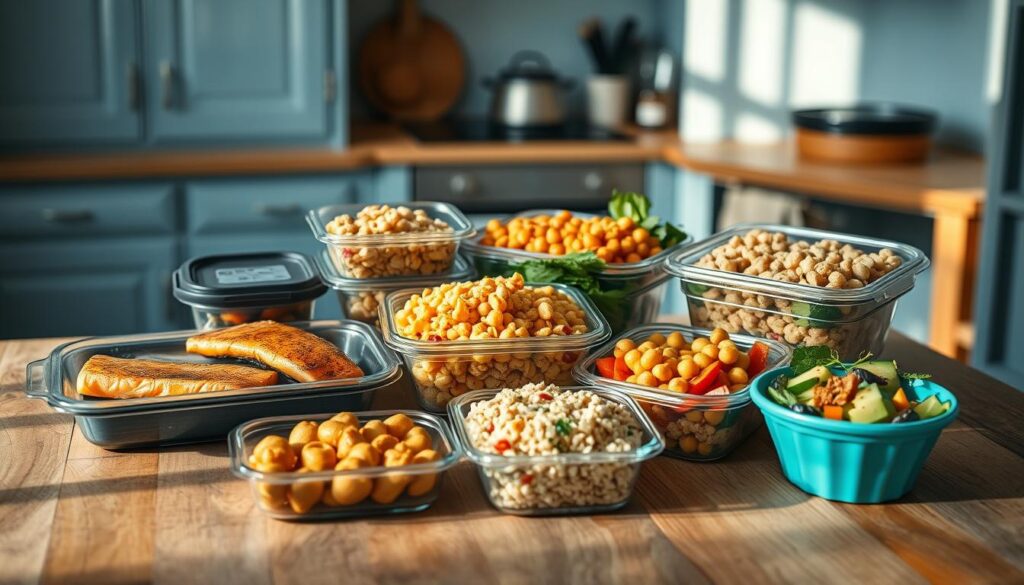 A diverse array of protein-rich meal prep options arranged on a rustic wooden table in a cozy, minimal kitchen with light blue accents. Various containers hold grilled salmon, sautéed tofu, quinoa salad, roasted chickpeas, and a vibrant vegetable medley. Soft natural lighting casts a warm glow, highlighting the textures and colors of the fresh, healthy ingredients. The composition invites the viewer to explore the myriad of protein-packed dinner possibilities beyond the usual chicken.