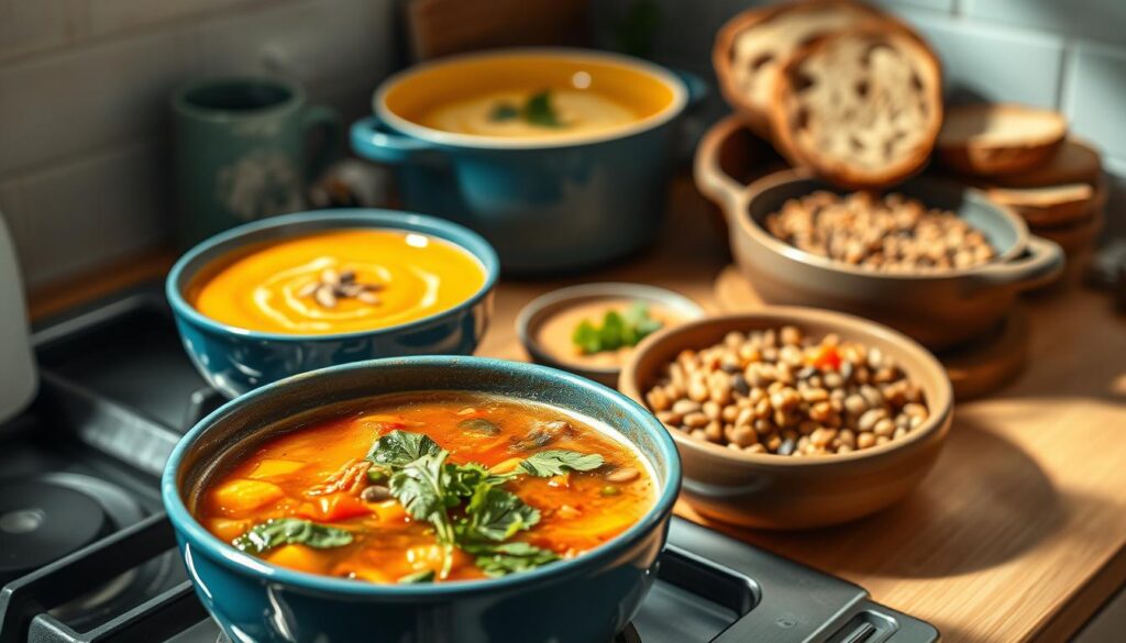 A diverse selection of hearty, wholesome soups, simmering on the stove in a cozy, minimal kitchen. In the foreground, a steaming bowl of veggie-packed minestrone, with vibrant greens and a swirl of olive oil. In the middle, a creamy butternut squash soup, garnished with toasted pumpkin seeds. In the background, a rich, savory lentil and barley stew, accompanied by freshly baked whole-grain bread. The scene is bathed in warm, natural light, highlighting the textures of the wooden countertops and light blue accents. The atmosphere is one of comfort and nourishment, inviting the viewer to savor the diverse flavors and healthful options on display.