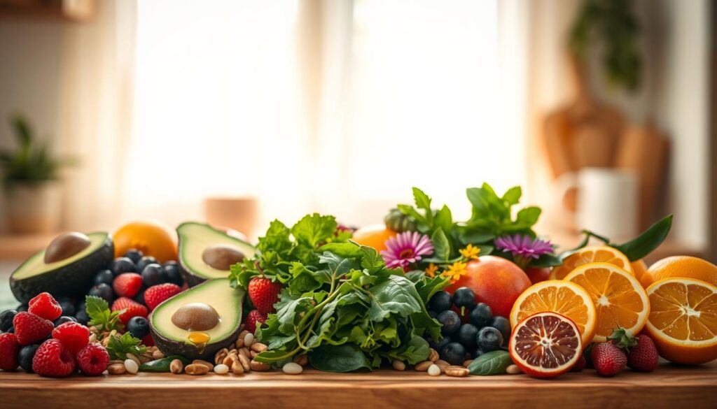 A diverse spread of fresh, seasonal ingredients for a creative breakfast meal prep: ripe avocados, juicy berries, crisp leafy greens, crunchy nuts, and vibrant citrus fruits artfully arranged on a wooden kitchen counter. A drizzle of local honey and a sprinkling of edible flowers add a touch of natural sweetness. Soft, warm light filters through sheer curtains, casting a cozy glow over the scene. The composition is balanced, with the ingredients forming a visually appealing still life. A sense of wholesome nourishment and culinary inspiration pervades the atmosphere.