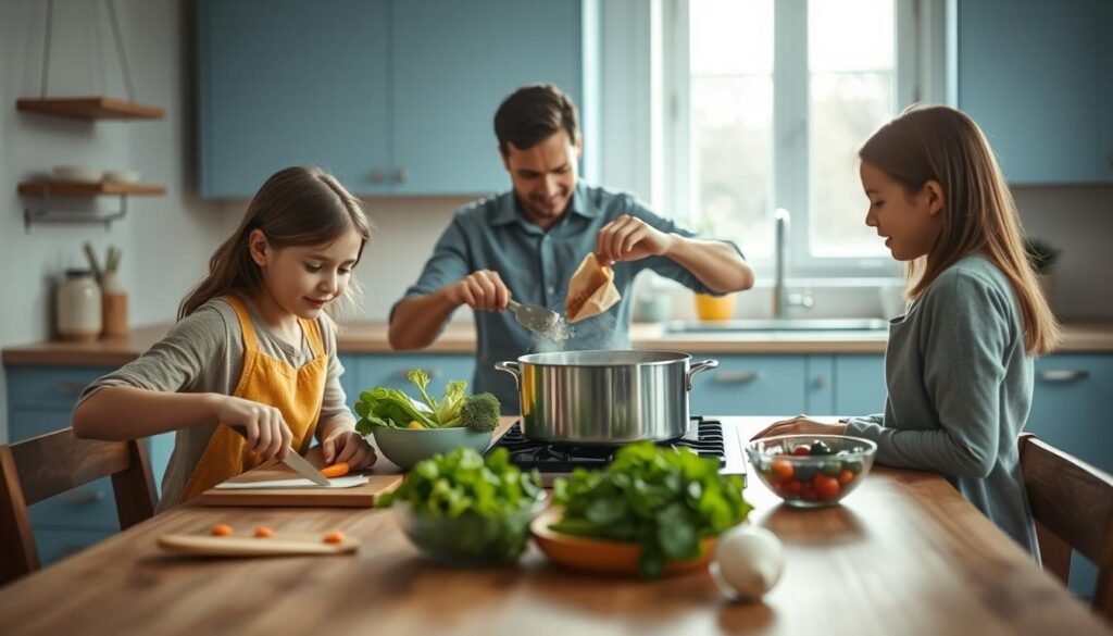 A family gathered around a wooden kitchen table, preparing a wholesome meal together. In the foreground, a mother and two children chopping vegetables, while in the middle, a father seasons a large pot on the stove. The background features a tidy, minimalist kitchen with light blue accents, natural light pouring in through a window. The scene conveys a sense of togetherness, as the family collaborates to create a nutritious and delicious shared meal. Captured with a warm, soft-focus lens, the image evokes the comfort and intimacy of a family's mealtime routine.