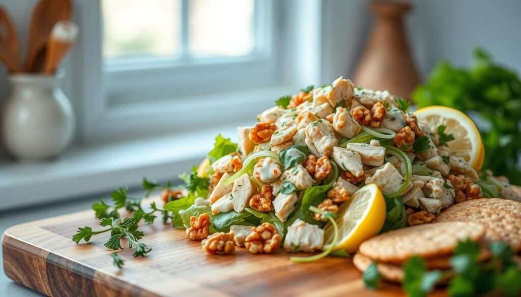 A fresh and flavorful chicken salad, with tender poached chicken, crisp celery, crunchy walnuts, and a creamy, tangy dressing. The salad is artfully arranged on a wooden cutting board, with fresh herbs, lemon wedges, and a side of whole-grain crackers. The soft, natural lighting from a window illuminates the scene, highlighting the vibrant colors and textures of the ingredients. The minimal, light blue-accented kitchen sets a cozy, inviting atmosphere, perfectly complementing the healthy, homemade nature of the dish.