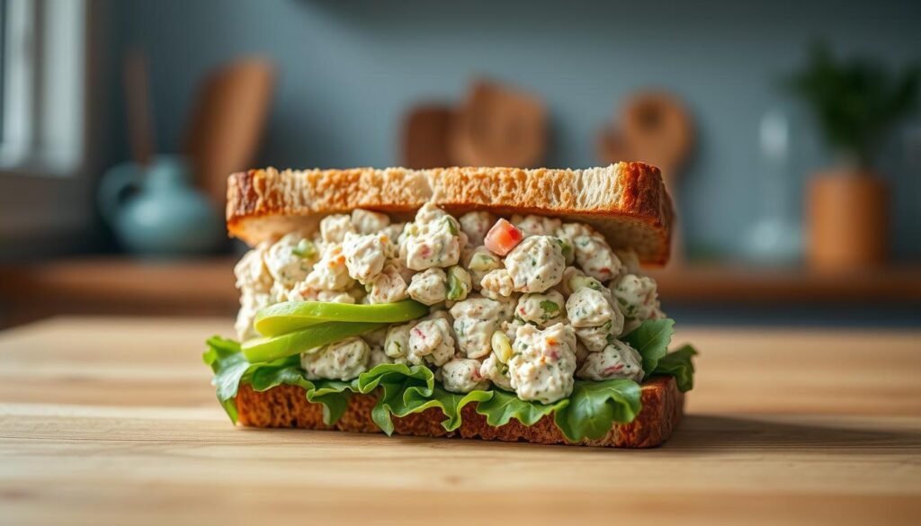 A fresh, artfully arranged avocado tuna salad sandwich, its layers of flaky tuna, creamy avocado, and crunchy greens nestled between two slices of hearty, lightly toasted whole-grain bread. The scene is set in a cozy, minimal kitchen, with warm wooden textures and light blue accents that lend a calming, natural atmosphere. The lighting is soft and diffused, highlighting the sandwich's vibrant colors and inviting textures. The camera angle is positioned at eye level, allowing the viewer to fully appreciate the sandwich's inviting, protein-packed composition.