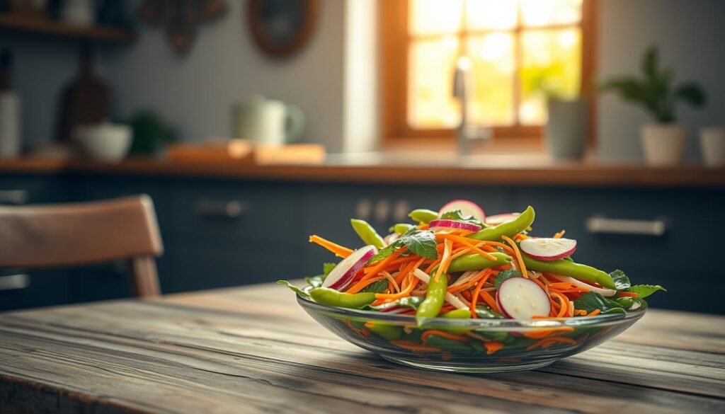 A fresh, vibrant high-protein edamame salad set atop a rustic wooden table in a cozy, minimalist kitchen. The salad is composed of vibrant green edamame, shredded carrots, thinly sliced radishes, and a creamy, slightly tangy dressing. Soft natural lighting from a nearby window casts a warm glow, highlighting the salad's textures and colors. The scene exudes a sense of simplicity and wholesomeness, inviting the viewer to savor the nutritious, Asian-inspired flavors.