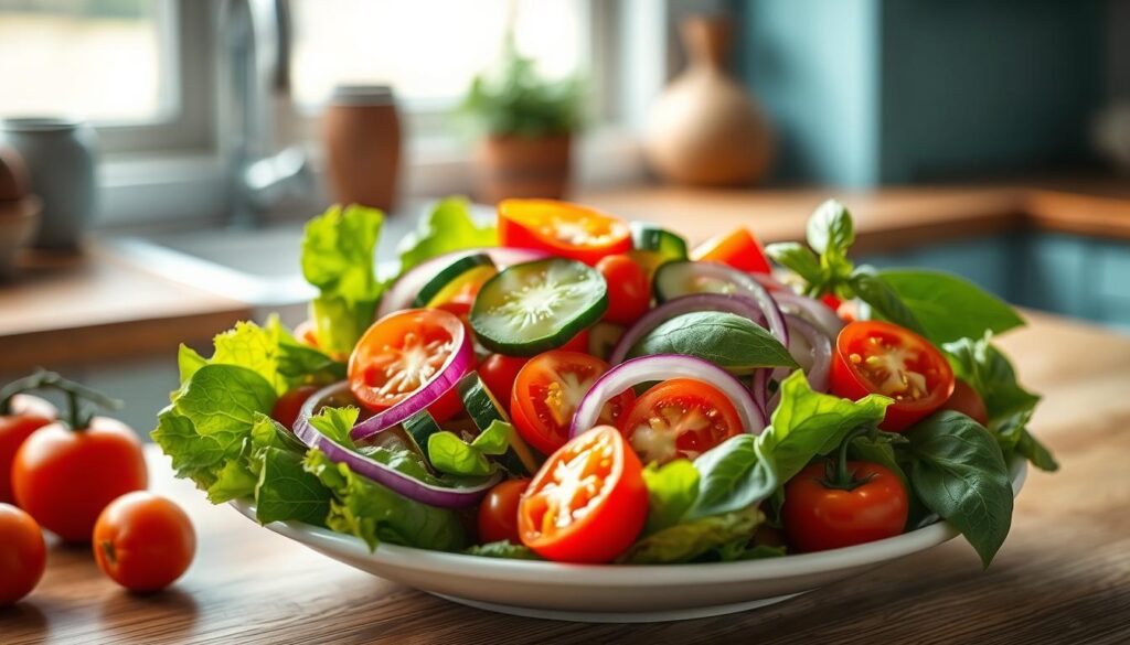 A fresh, vibrant salad composed of crisp green leaf lettuce, juicy cherry tomatoes, crunchy cucumbers, vibrant bell peppers, zesty red onion slices, and aromatic basil leaves. The ingredients are arranged in a natural, asymmetrical composition on a plain white ceramic plate against a backdrop of a cozy, minimal kitchen with warm wooden textures and light blue accents. Soft, natural lighting from a window casts a gentle glow, highlighting the vivid colors and textures of the salad. The overall mood is one of simplicity, freshness, and the comforting atmosphere of a homemade meal.