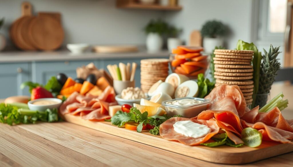 A fresh, vibrant spread of healthy cold lunch items carefully arranged on a wooden table. In the foreground, an assortment of sliced deli meats, crisp vegetables, and creamy spreads. In the middle ground, neatly stacked whole grain crackers, hard-boiled eggs, and a small container of hummus. The background features a minimalist kitchen with light blue accents, natural wood tones, and soft, diffused lighting. The overall scene conveys a sense of simplicity, balance, and nutritious, satisfying sustenance.