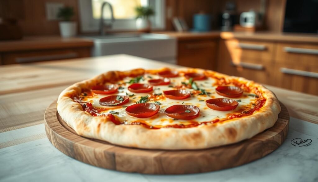 A freshly baked, golden-crusted low-carb keto pizza, topped with melted mozzarella, savory pepperoni, and aromatic herbs, sits on a wooden cutting board in a cozy, minimalist kitchen. Soft natural light filters through the windows, illuminating the pizza's glistening surface and the warm wooden tones that surround it. A subtle blue accent color adds a calming touch to the scene, creating a harmonious and inviting atmosphere for this quick and easy keto-friendly meal.