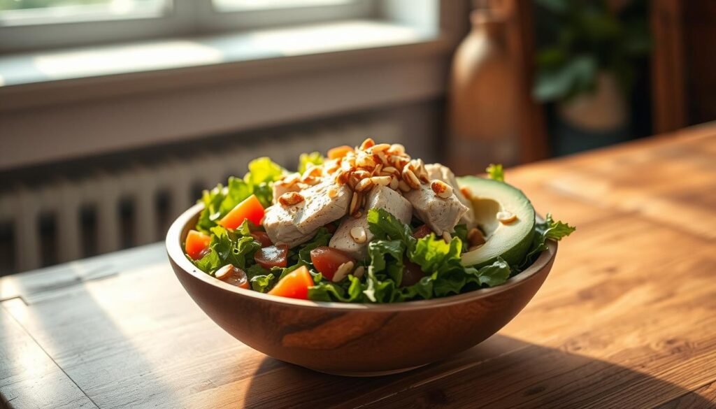 A freshly prepared Paleo chicken salad sits atop a bed of crisp greens in a rustic wooden bowl, complemented by vibrant slices of avocado, diced tomatoes, and a sprinkle of toasted almonds. The sunlight filters through the kitchen window, casting a warm glow on the scene and accentuating the natural textures of the wooden surfaces. The overall atmosphere is one of simplicity, nourishment, and health-conscious indulgence.