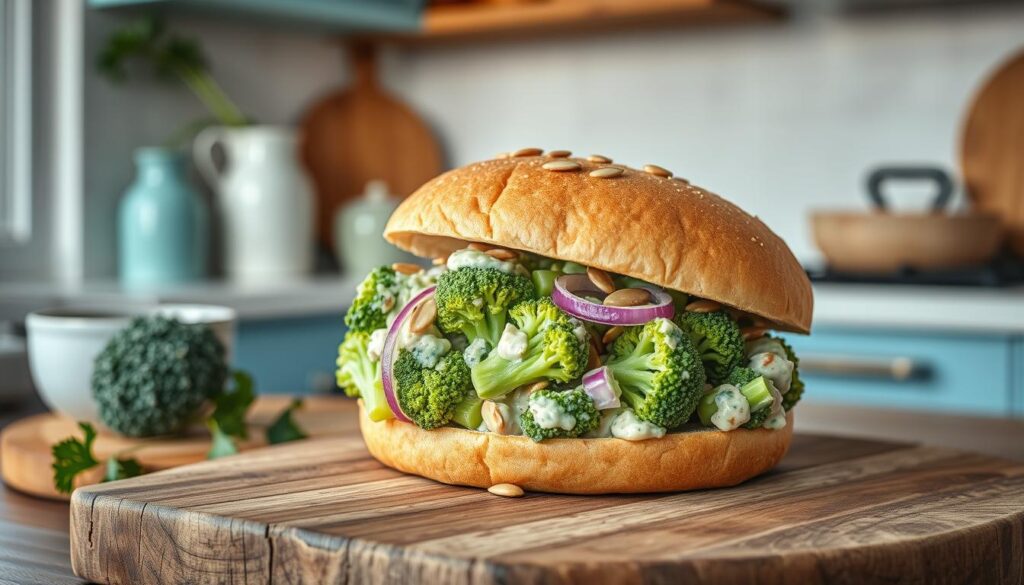 A freshly prepared broccoli salad sandwich, served on a soft, lightly toasted whole wheat bun. The crisp broccoli florets are tossed in a creamy, tangy dressing, complemented by crunchy celery, sweet red onion, and a sprinkle of roasted sunflower seeds. Presented on a rustic wooden cutting board, against the backdrop of a cozy, minimal kitchen featuring light blue accents and warm, natural textures. Soft, natural lighting highlights the vibrant colors and inviting presentation of this low-carb, satisfying cold lunch option.