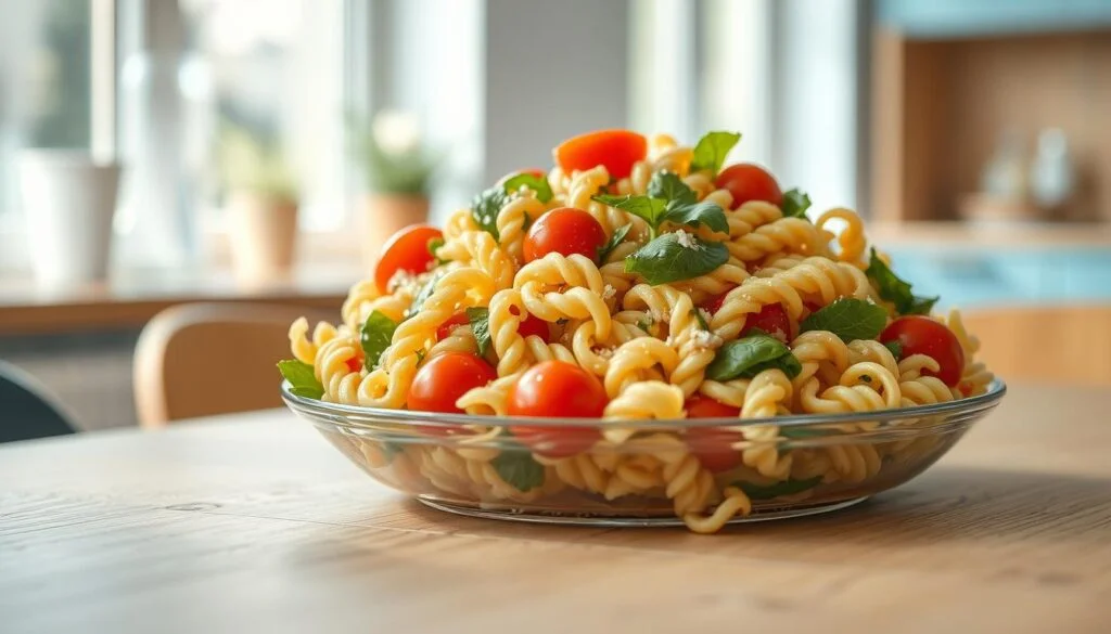 A freshly prepared pasta salad sits on a wooden table, its vibrant colors and textures inviting the senses. Al dente spirals of pasta are tossed with crisp vegetables, juicy cherry tomatoes, and a light, creamy dressing that glistens under the soft, natural lighting filtering through the kitchen's large windows. The simple, minimalist decor - with light blue accents and warm wooden tones - creates a cozy, inviting atmosphere, perfect for enjoying a delicious, nourishing office lunch.