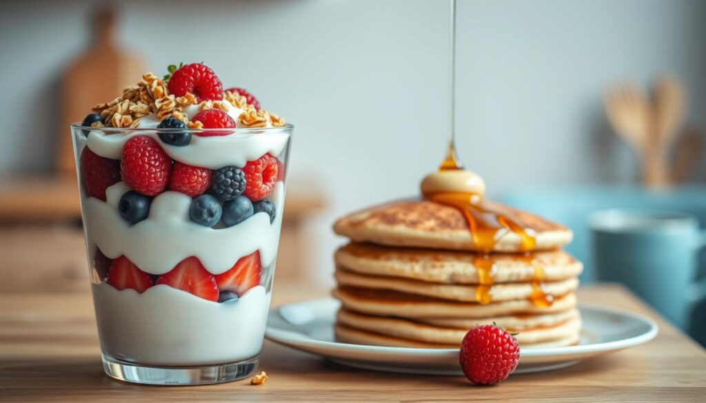 A freshly prepared yogurt parfait with layers of creamy Greek yogurt, vibrant berries, and crunchy granola, presented alongside a stack of fluffy whole grain pancakes, drizzled with a light maple syrup, in a cozy, minimal kitchen environment with wooden textures and light blue accents. The scene is bathed in soft, natural lighting, captured from an angle that showcases the tempting details of the dishes, creating a visually appetizing and nourishing breakfast tableau.