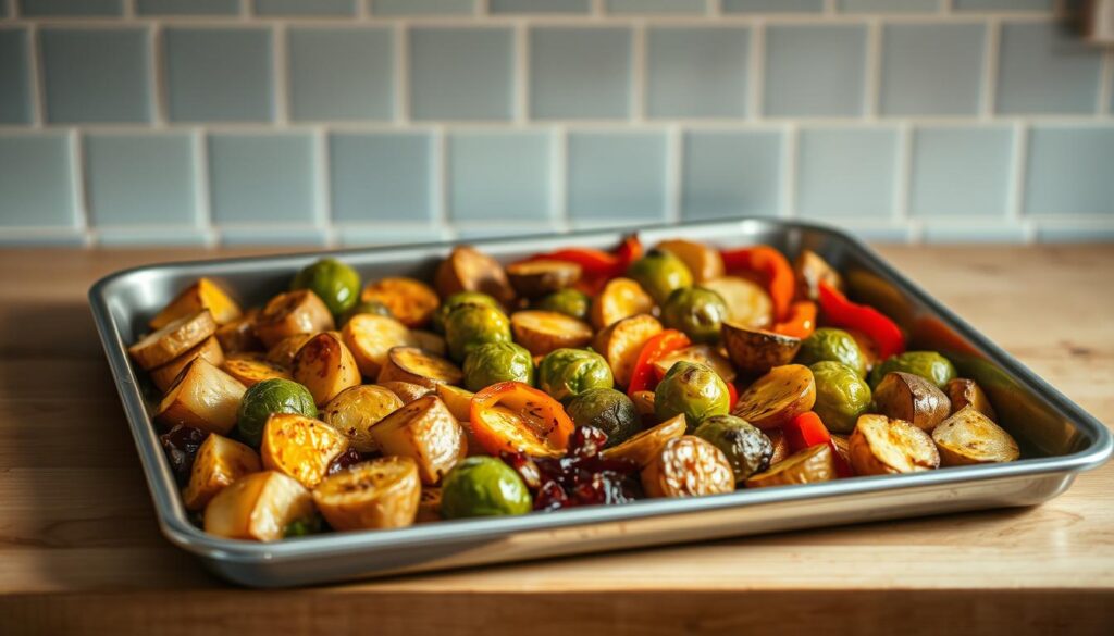 A gleaming sheet pan sits atop a wooden kitchen counter, showcasing an array of roasted vegetables bathed in a glistening olive oil and garlic sauce. The crisp-edged potatoes, tender Brussels sprouts, and sliced bell peppers create a vibrant, textural composition, their earthy hues complemented by the light blue ceramic tile backsplash. Soft, even lighting casts a warm, inviting glow across the scene, accentuating the rustic, homey atmosphere. The absence of any human presence allows the viewer to fully immerse themselves in the mouthwatering aroma and comforting simplicity of this easy, flavorful sheet pan meal.