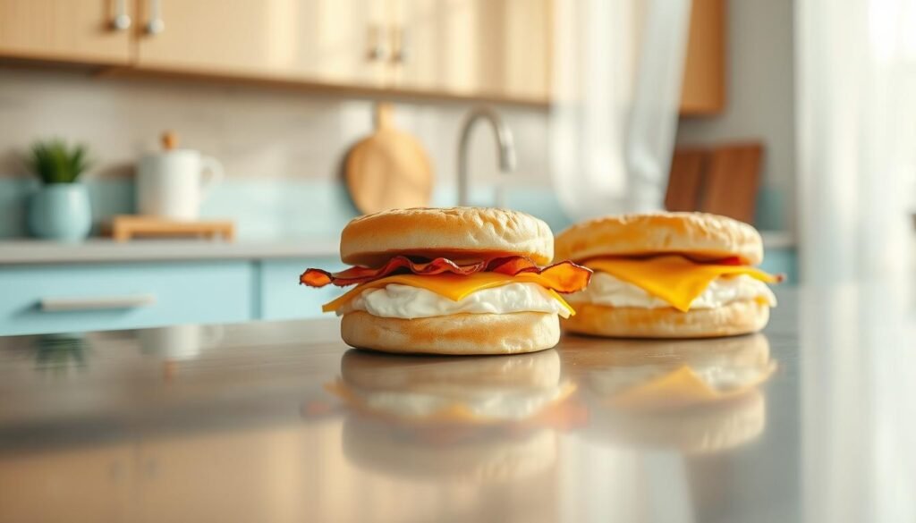 A gleaming stainless steel kitchen counter displays a neatly arranged breakfast sandwich meal prep: fluffy egg patties, crisp bacon slices, and melty cheddar cheese nestled between golden toasted English muffins. The scene is bathed in soft, natural lighting filtering through sheer curtains, casting a warm glow on the wooden cabinetry and accents of light blue. The composition is clean and minimalist, allowing the appetizing details of the meal prep to take center stage. Absent any human presence, the viewer is invited to imagine themselves partaking in this convenient and nutritious morning routine.