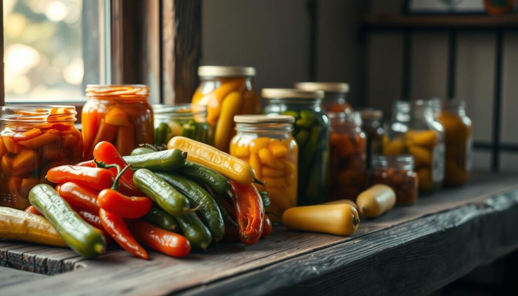 A global array of pickle-inspired dishes, artfully arranged on a weathered wooden surface. Crisp pickled vegetables in vibrant hues - bright red peppers, tangy green tomatoes, and glistening yellow squash - nestled between jars of tangy fermented condiments. Soft natural light filters through a nearby window, casting a warm glow over the scene. The overall mood is one of rustic simplicity, inviting the viewer to explore the unique flavors and textures of this international culinary tapestry.