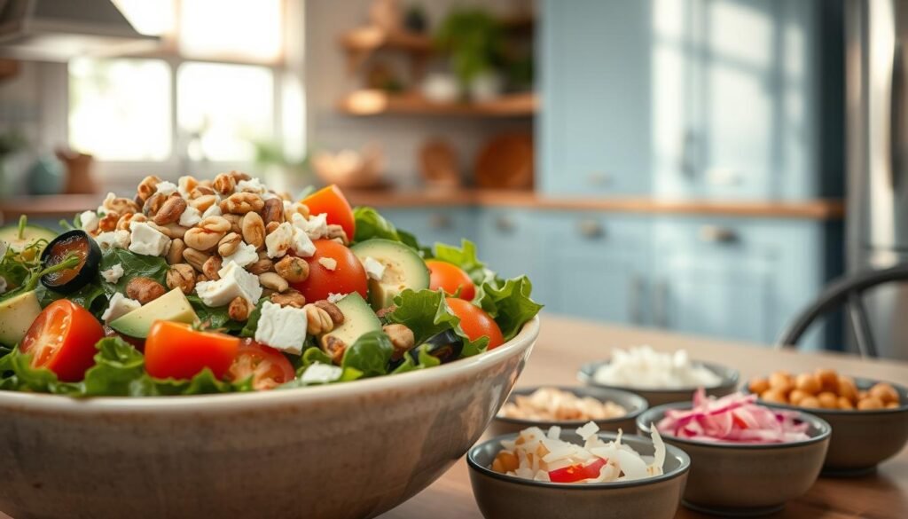A global lunch bowl filled with a vibrant array of international flavors. In the foreground, a large ceramic bowl holds a hearty salad of mixed greens, sliced cucumbers, cherry tomatoes, and chunks of creamy avocado. Sprinkled over the top are toasted pine nuts, crumbled feta, and a drizzle of tangy lemon-tahini dressing. In the middle ground, small bowls of colorful garnishes line the table - pickled red onions, toasted coconut flakes, and crispy fried chickpeas. The background features a cozy, minimalist kitchen with warm wooden accents and light blue cabinetry, softly lit by natural light streaming in through a nearby window.