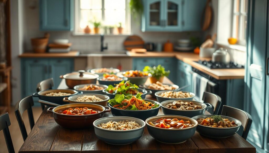 A globally-inspired casserole feast fills a rustic, light-filled kitchen. Simmering stews and baked layers of vegetables, grains, and proteins from diverse culinary traditions mingle on a central wooden table. Warm tones of copper, terracotta, and ochre complement the cool blue cabinetry. Soft, diffused lighting casts an inviting glow, while the modest, minimalist decor allows the vibrant, aromatic dishes to take center stage. Shadows and textures lend a homey, authentic feel, as if this nourishing feast has been carefully crafted with care and love.