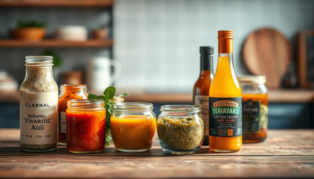 A gourmet selection of vibrant sauces and dressings artfully arranged on a rustic wooden table, their colors and textures dancing in the soft, diffused lighting. In the foreground, a creamy garlic-herb aioli, a tangy balsamic vinaigrette, and a fragrant pesto sauce glisten invitingly. In the middle ground, a tart lemon-tahini dressing and a rich, savory teriyaki sauce stand out against the minimal, light blue-accented kitchen backdrop. The overall mood is one of culinary sophistication and appetizing appeal, beckoning the viewer to explore these flavorful accompaniments that can elevate any weeknight meal.