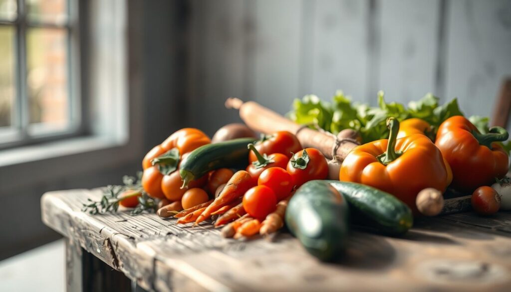 A harmonious arrangement of seasonal vegetables nestled on a rustic wooden surface, illuminated by natural light filtering through a nearby window. In the foreground, vibrant hues of bell peppers, tomatoes, and zucchini create a colorful tapestry, complemented by the earthy tones of root vegetables like carrots and radishes in the middle ground. The background is softly blurred, evoking a sense of tranquility and focus on the fresh produce. The overall mood is one of simplicity, highlighting the beauty and nutritional value of locally sourced, seasonal ingredients.
