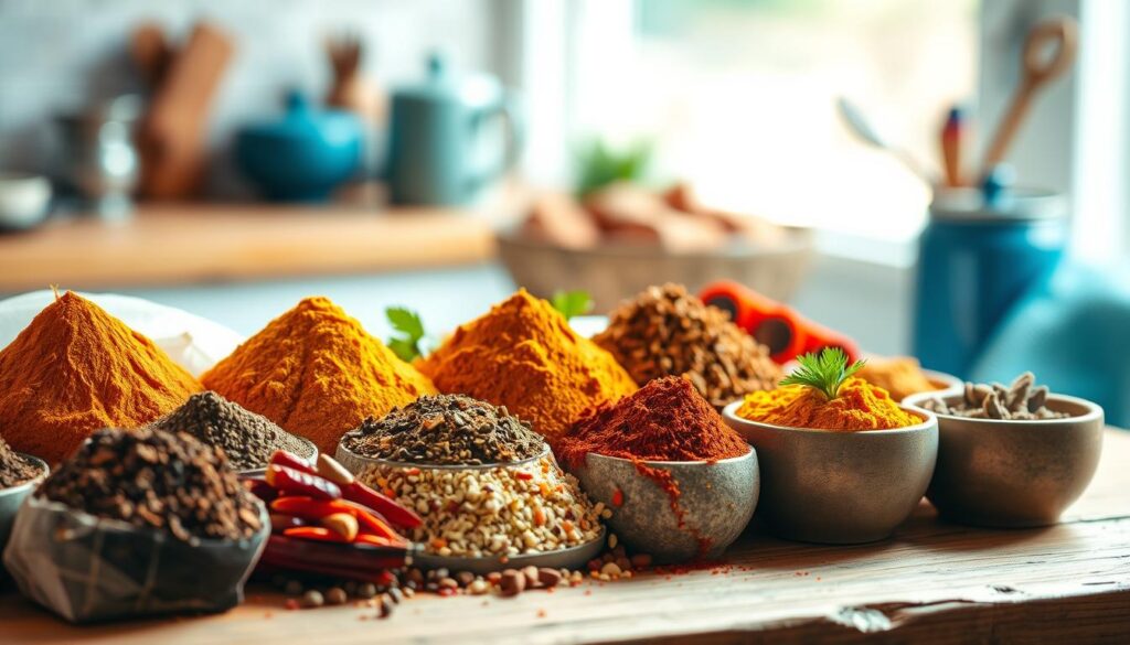 A harmonious arrangement of vibrant Indian spice blends, meticulously curated for flavorful meal prep. An array of warm hues, from the rich ochre of turmeric to the deep crimson of chili powder, cascades across a rustic wooden surface. Hints of coriander, cumin, and garam masala create a captivating aroma that fills the cozy, minimalist kitchen, accentuated by soft blue accents. The composition, bathed in natural light, evokes a sense of culinary exploration and the promise of delectable Indian-inspired dishes to come.