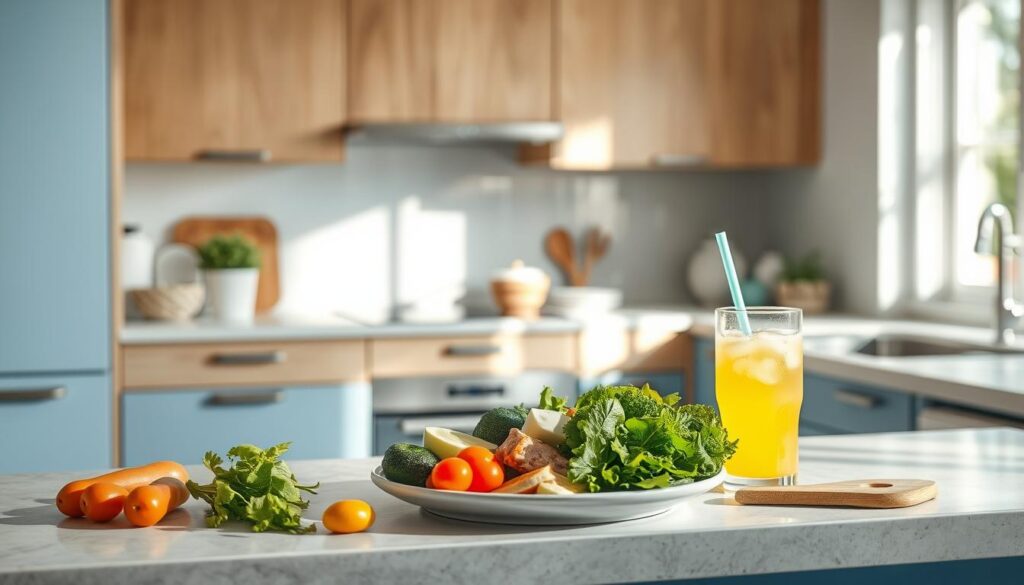 A healthy, light-filled kitchen with smooth wooden cabinets and soft blue accents. On the counter, a delectable cold lunch spread - fresh greens, vibrant vegetables, protein-rich items, and a refreshing beverage. The scene exudes simplicity and nourishment, capturing the benefits of a quick yet wholesome midday meal. Sunlight filters through the windows, casting a warm glow over the scene. The composition highlights the convenience and healthfulness of this cold lunch, making it an ideal illustration for the article's "Benefits of Quick and Healthy Cold Lunches" section.