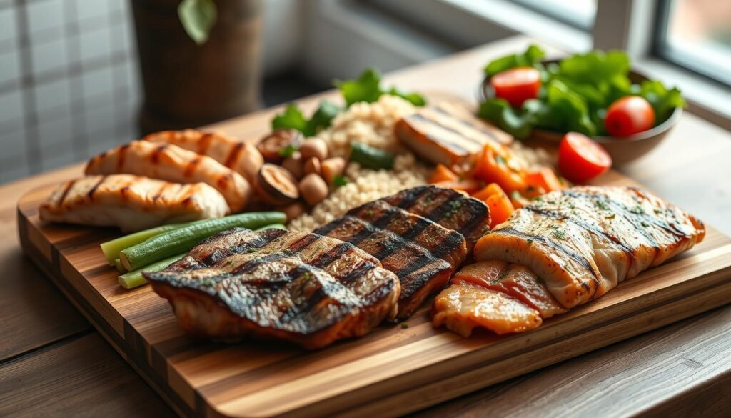 A healthy protein meal prep featuring a variety of high-quality proteins, including grilled chicken breasts, pan-seared steak tips, and baked salmon fillets. The meal is arranged artfully on a wooden cutting board, with roasted vegetables, quinoa, and a fresh side salad. The lighting is soft and natural, casting a warm glow on the scene. The overall atmosphere is one of simplicity, nourishment, and intentionality, capturing the essence of a balanced, wholesome lunch.