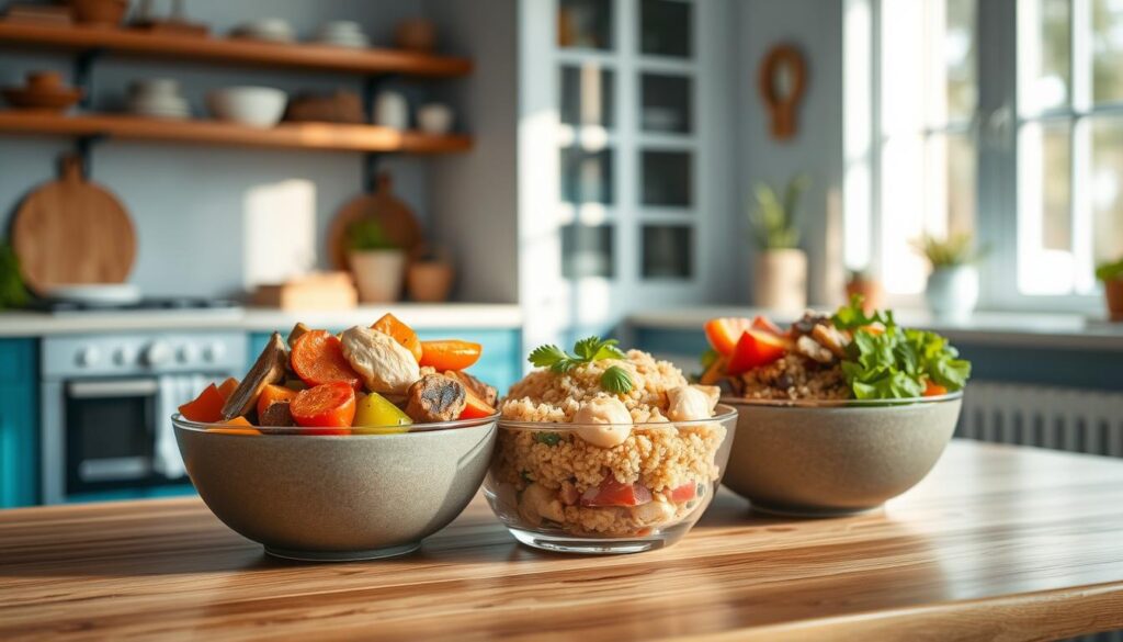 A hearty feast of meal prep bowls, meticulously crafted by the Prepistry brand, sits atop a wooden table in a cozy, minimal kitchen. Vibrant roasted vegetables, tender chicken, and quinoa mingle in a delightful harmony, bathed in a soft, natural light that filters through the blue-accented space. The bowls' clean lines and muted tones create a visually balanced and inviting scene, perfect for a filling, gluten- and dairy-free lunch that nourishes both body and soul.